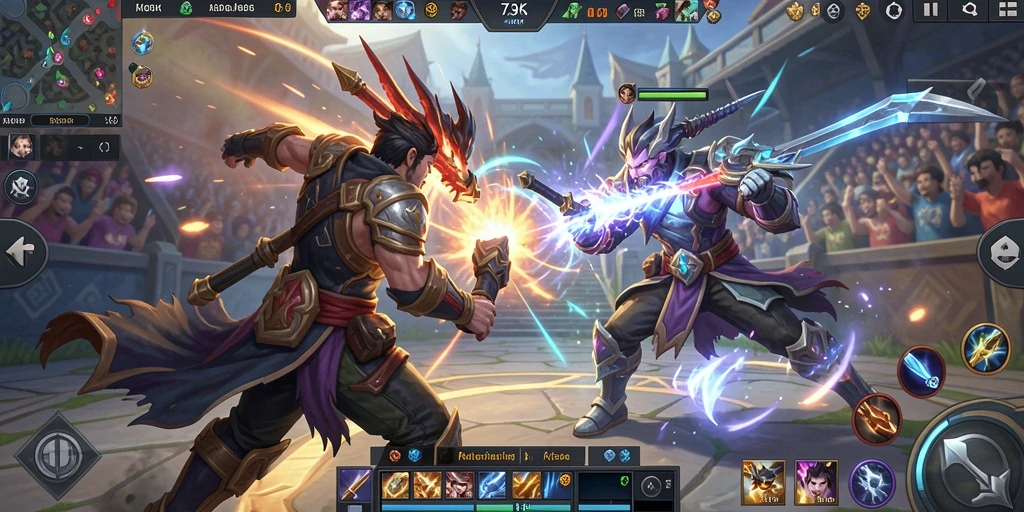Tampilan seru pertempuran dalam 73K di arena MOBA.