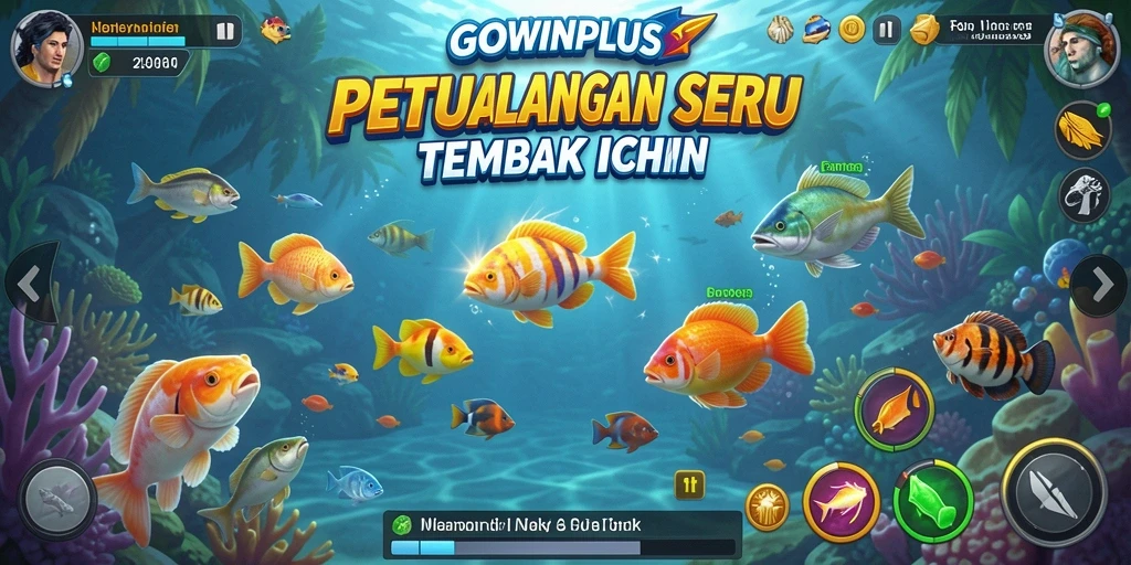 Gameplay seru GOWINPLUS dengan berbagai ikan berwarna.