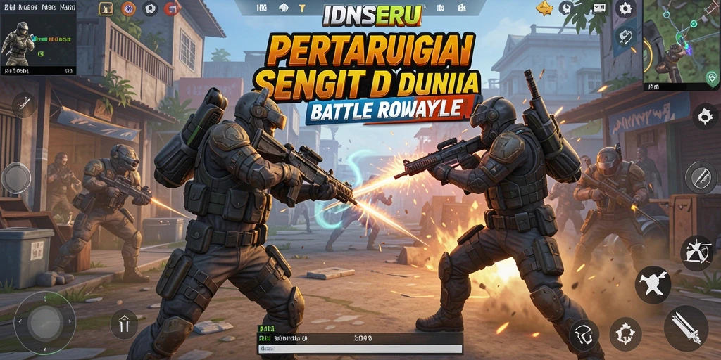 Screenshot gameplay IDNSERU yang penuh aksi saat pertempuran Battle Royale.