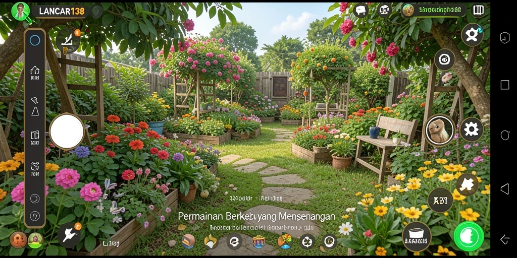 Screenshot LANCAR138 menampilkan kebun yang rimbun dan berwarna-warni.