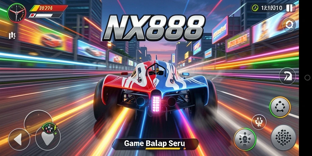 Tampilan gameplay seru dari NX888 dengan mobil balap yang sedang melaju cepat.