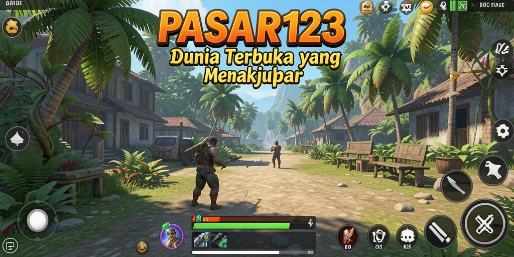 Tampilan gameplay PASAR123 menampilkan eksplorasi dunia terbuka yang luas.