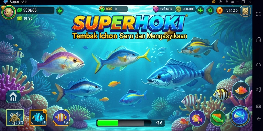 Screenshot game SUPERHOKI yang menampilkan aksi seru menembak ikan.