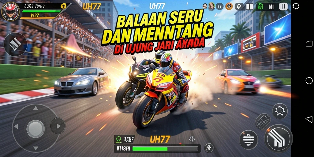 Gameplay UH77 menampilkan balapan yang seru dan mendebarkan.
